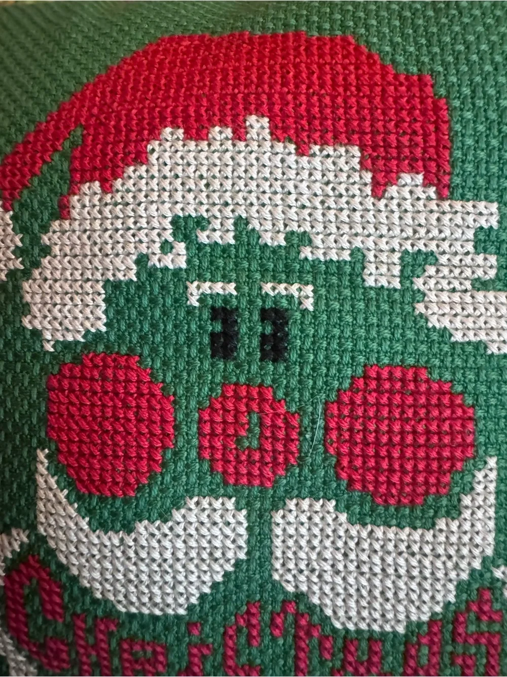 Vintage Holiday Green Santa Cross-Stitch Pillow - Christmas Joy